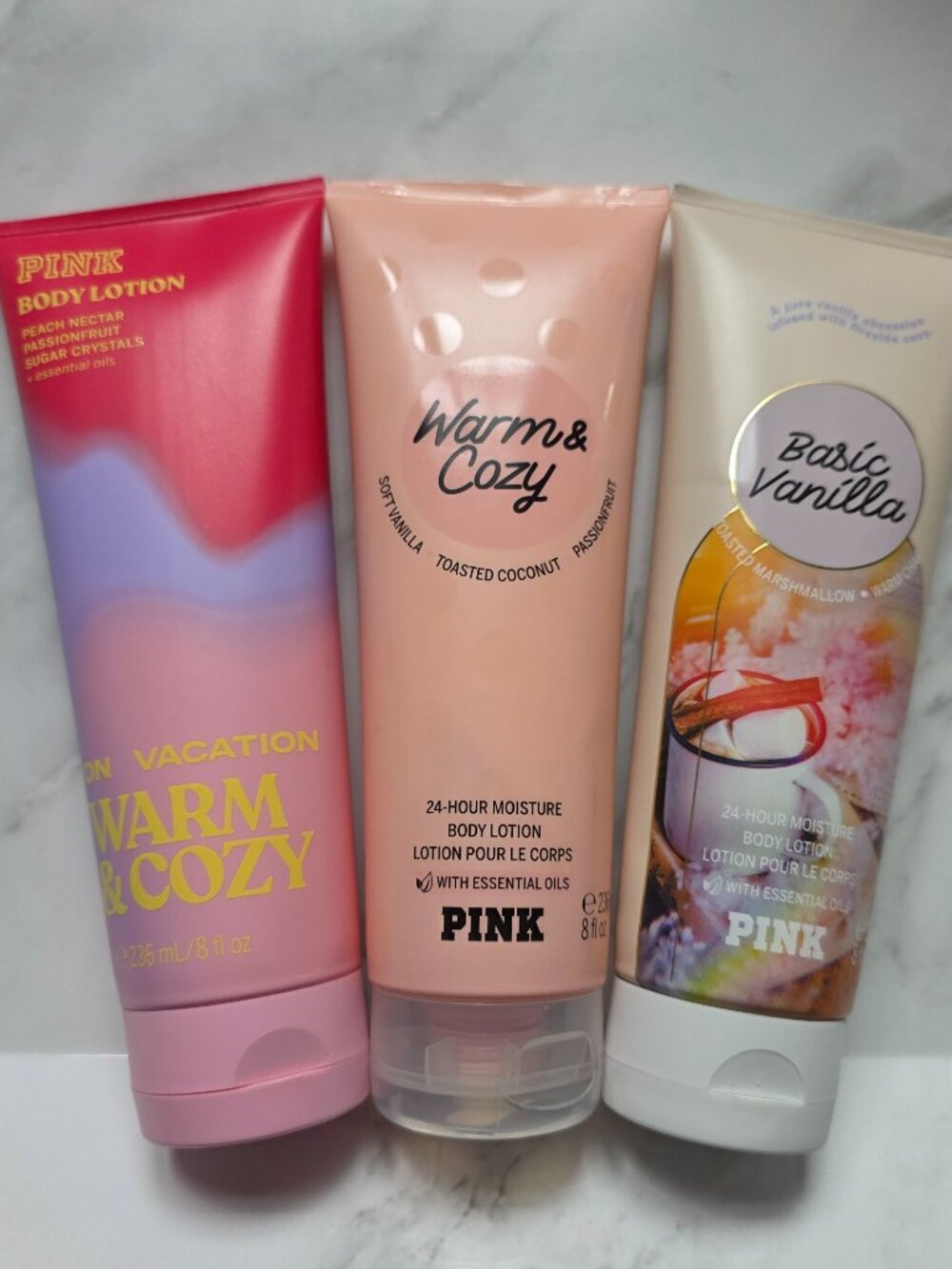 Victoria's Secret PINK Lotion Lot-BASIC VANILLA-WARM COZY-ON VACATION WARM COZY